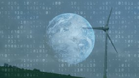 Animation of financial data processing binary coding and globe over wind turbine. global climate change, sustainability and wind energy concept digitally generated video. - Powered by Shutterstock - Get 15% off with code: PIKWIZARD15