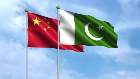 China, Pakistan, 3D flag of China and Pakistan waving in the wind ob sky background.