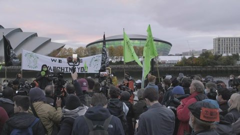 Glasgow , United Kingdom (UK) - 11 01 2021: Climate protestors rally outside of COP26 meetings in Glasgow