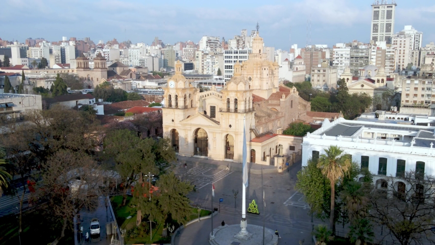 Aerial cityscape of Cordoba, Argentina with Cathedral of Nuestra Senora de la Asuncion in the focus