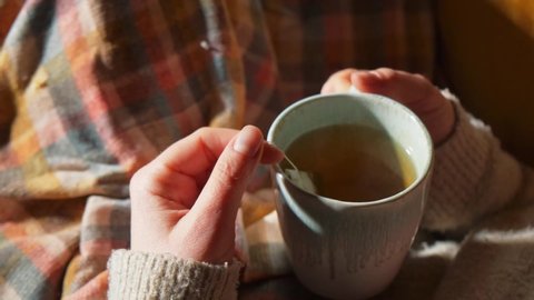 Woman hand holding a steamy herbal tea mug in a cosy interior environment with tartan plaid