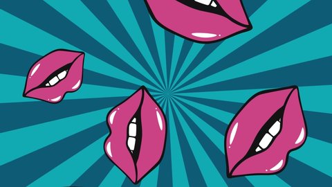 pop art comic lips. 4k video animated. Pink lips on a blue background