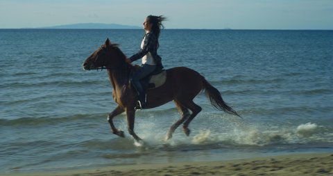 Cinematic shot of young carefree excited female rider is galloping her purebred brown horse while training it for race tournament on seaside beach at sunset.