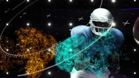 Animation of circular scanner processing data over american football players tackling. sport, competition and technology concept, digitally generated video.