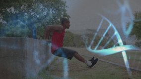Animation of glowing dna strand rotating over male athlete exercising outdoors. sport, fitness and technology concept, digitally generated video. - Powered by Shutterstock - Get 15% off with code: PIKWIZARD15