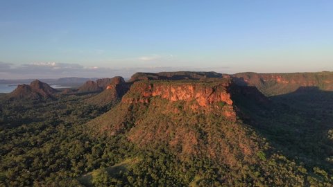 Aerial view of "cerrado" ecosystems and sedimentary sandstone rock formations from Chapada das Mesas, Philadélfia, Tocantins, Northeastern Brazil
