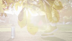 Animation of sunlight and leaves over male athlete preparing prosthetic leg for exercise outdoors. sport, fitness and nature concept, digitally generated video.