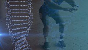 Animation of dna strand rotating over male athlete with prosthetic leg exercising outdoors. sport, fitness and technology concept, digitally generated video. - Powered by Shutterstock - Get 15% off with code: PIKWIZARD15
