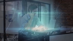Animation of glowing network over businessman using laptop and smartphone in office. global communication network technology concept digitally generated video. - Powered by Shutterstock - Get 15% off with code: PIKWIZARD15
