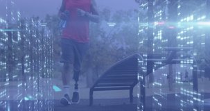 Animation of computer servers processing data over male athlete with prosthetic leg resting outdoors. sport, achievement and communication technology concept, digitally generated video.