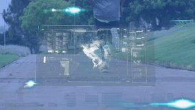 Animation of interface and processing data over male athlete with prosthetic leg running outdoors. sport, achievement and communication technology concept, digitally generated video. - Powered by Shutterstock - Get 15% off with code: PIKWIZARD15