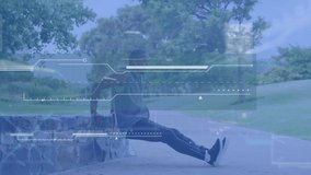 Animation of interface and processing data over male athlete with prosthetic leg exercising outdoors. sport, achievement and communication technology concept, digitally generated video. - Powered by Shutterstock - Get 15% off with code: PIKWIZARD15