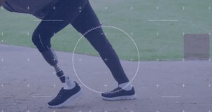 Animation of scope processing data over male athlete with prosthetic leg exercising outdoors. sport, achievement and communication technology concept, digitally generated video.