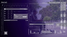 Animation of interface and processing data over male athlete with running blade walking outdoors. sport, achievement and communication technology concept, digitally generated video.