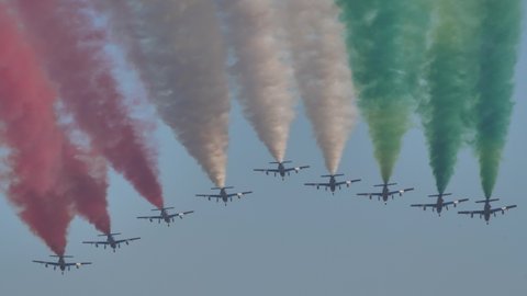 Thiene Vicenza Italy OCTOBER, 16, 2021 Red green and white italian flag colours in the sky by Frecce Tricolori Alona. Aermacchi MB-339 of Frecce Tricolori