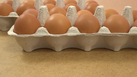 Lots of fresh raw chicken eggs in cardboard boxes, dolly shooting. Chicken brown fresh raw eggs in an egg container.