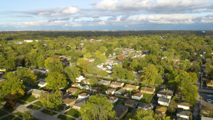 Aerial View of Suburban Neighborhood in Early Autumn