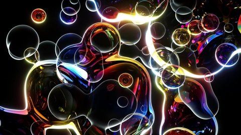 3d render of abstract art of surreal object based on meta balls spheres glass drops water liquid in rainbow gradient color in transition deformation process on black background