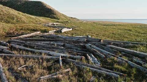 View of old wood that was used as firewood by habitats of Yamal peninsula. Ground sea and sky of Tundra.