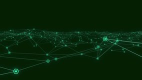 Animation of glowing green communication network floating on black background. global communication and media network technology concept digitally generated video.
