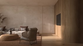 Scandinavian style interior apartment. Living room design with boho natural wooden furniture. 3d render animation scene.