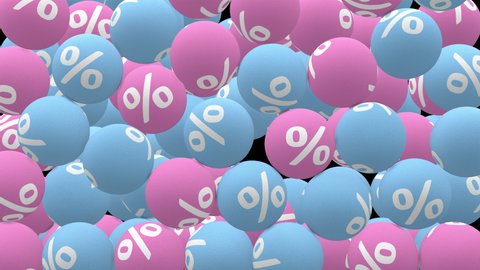 Background for Black Friday, Cyber Monday, holiday sale and  season of big discounts . Blue and pink balls with a percent symbol are falling. Seamless loop 3d animation with transparent backdrop.