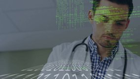 Animation of data processing and computer circuit board over male doctor. global medicine, research and data processing concept digitally generated video.