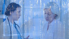 Animation of binary coding data processing over female patient and female doctor using tablet. global medicine, research, technology and data processing concept digitally generated video. - Powered by Shutterstock - Get 15% off with code: PIKWIZARD15