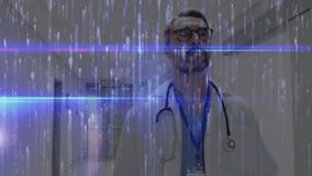 Animation of data processing over male doctor. global medicine, research, technology and data processing concept digitally generated video.