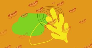 Animation of falling hotdogs with yellow and green shapes and contour lines on yellow background. food and nutrition concept digitally generated video.