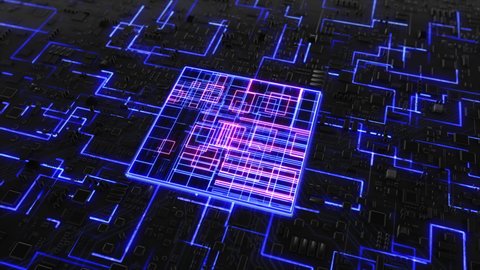 Futuristic Technology Neon Animation CPU GPU Circuit Board. 3D visualization Microchip Augmented Virtual Reality. Data Transmission in Board Chip. Internet of Things. AI.