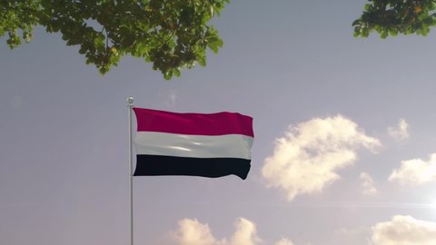 Yemen Flag With Modern City -3D rendering