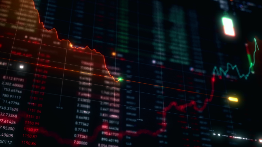 Stock market and information of exchange with data of price on market wall. Change and volume. Financial indexes change up and down over time. Concept of trading crypto assets and bitcoin Royalty-Free Stock Footage #1082135417