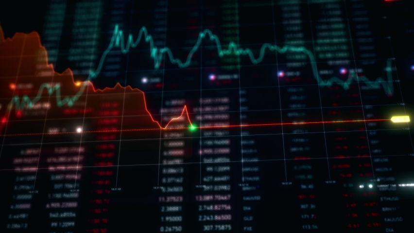 Stock market and information of exchange with data of price on market wall. Change and volume. Financial indexes change up and down over time. Concept of trading crypto assets and bitcoin Royalty-Free Stock Footage #1082135417