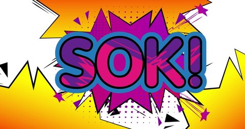Sok. Comic book word effect. Motion poster. 4k animated text moving on abstract comics background. Retro pop art style.