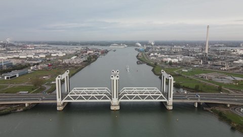 Botlekbrug aerial view lifting bridge for road and rail traffic over the Oude Maas in the Rotterdam port area. Dutch infrastructure.