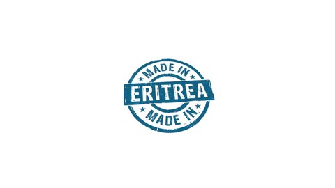Made in Eritrea stamp and hand stamping impact isolated animation. Factory, manufacturing and production country 3D rendered concept. Alpha matte channel.