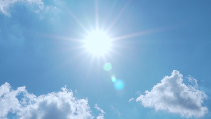 Clear Blue Sky Sun Sunlight Sun Rays and Glare and Cumulus White Clouds, Time Lapse, Slow Motion. Royalty-Free Stock Footage #1082145452