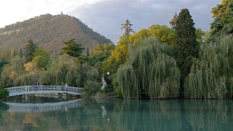 14.10.2010: New Athos, Abkhazia: General plan of the park in New Athos, white bridge, mountains