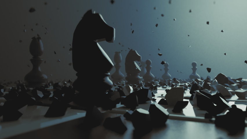 Destruction of chess figures series. Slow motion exploding figures and pawns. Symbolic illustration of total war, disagreement, disaster and failure. Royalty-Free Stock Footage #1082147957
