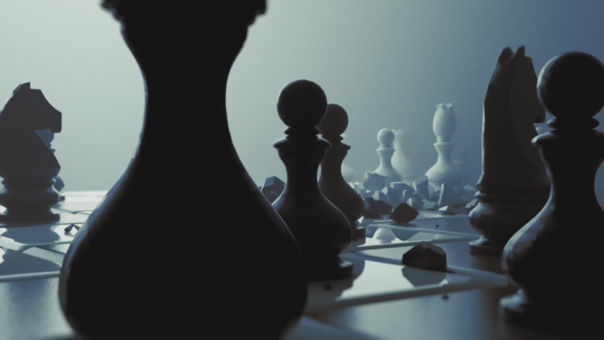 Destruction of chess figures series. Slow motion exploding figures and pawns. Symbolic illustration of total war, disagreement, disaster and failure. Royalty-Free Stock Footage #1082147972