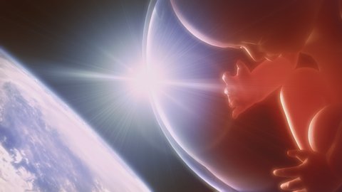 Human fetus floating in slow motion surrounded by a bubble, above planet earth surface with bright solar flare. Science fiction themed cinematic video.