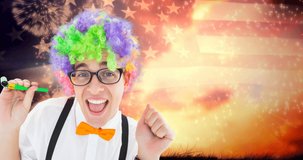Animation of man in party wig celebrating over happy new year text, fireworks and flag of america. new year, celebration, party, tradition and patriotism concept digitally generated video.