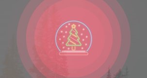 Animation of neon christmas tree over winter scenery with trees and red circles. christmas, tradition and celebration concept digitally generated video.
