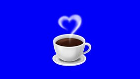 White tea cup and heart icon on blue screen background.