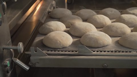Automated working process at the baking factory - loading loaves of bread into the hot oven on a conveyor line, close up. Man working at the bread production plant. Small business in the food industry