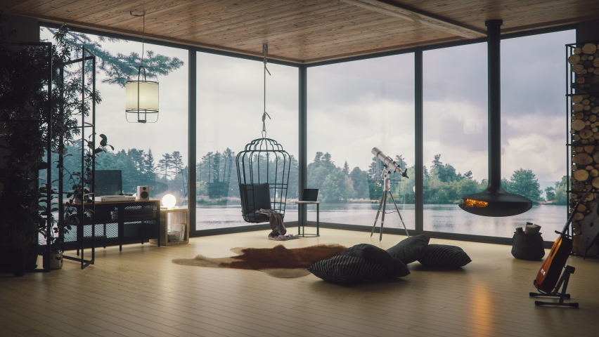 Cozy Lake House Living Room With Lake View | Shutterstock HD Video #1082180921