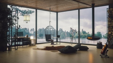 Cozy Lake House Living Room With Lake View