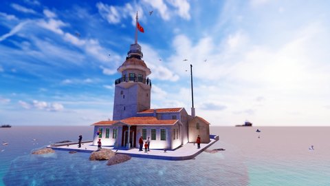 View of the Maiden's Tower or Leander's Tower also known as Kız Kulesi. Sunny summer day in Istanbul. Panorama of Bosporus, Turkey. 3D Animation.