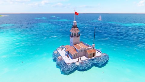 View of the Maiden's Tower or Leander's Tower also known as Kız Kulesi. Sunny summer day in Istanbul. Panorama of Bosporus, Turkey. 3D Animation.